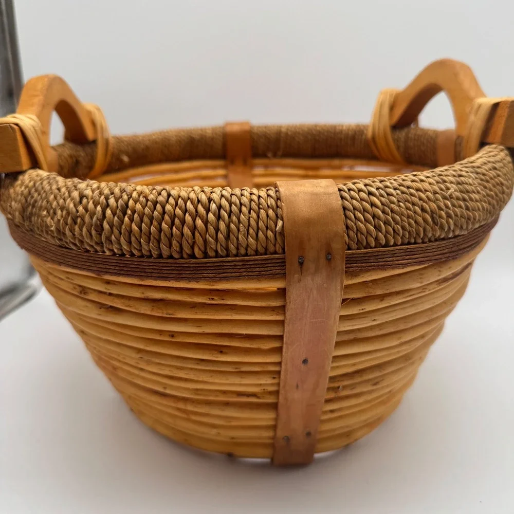 Vintage Woven Gathering Basket Wood Handles Split Reed Jute Rope Rim 11